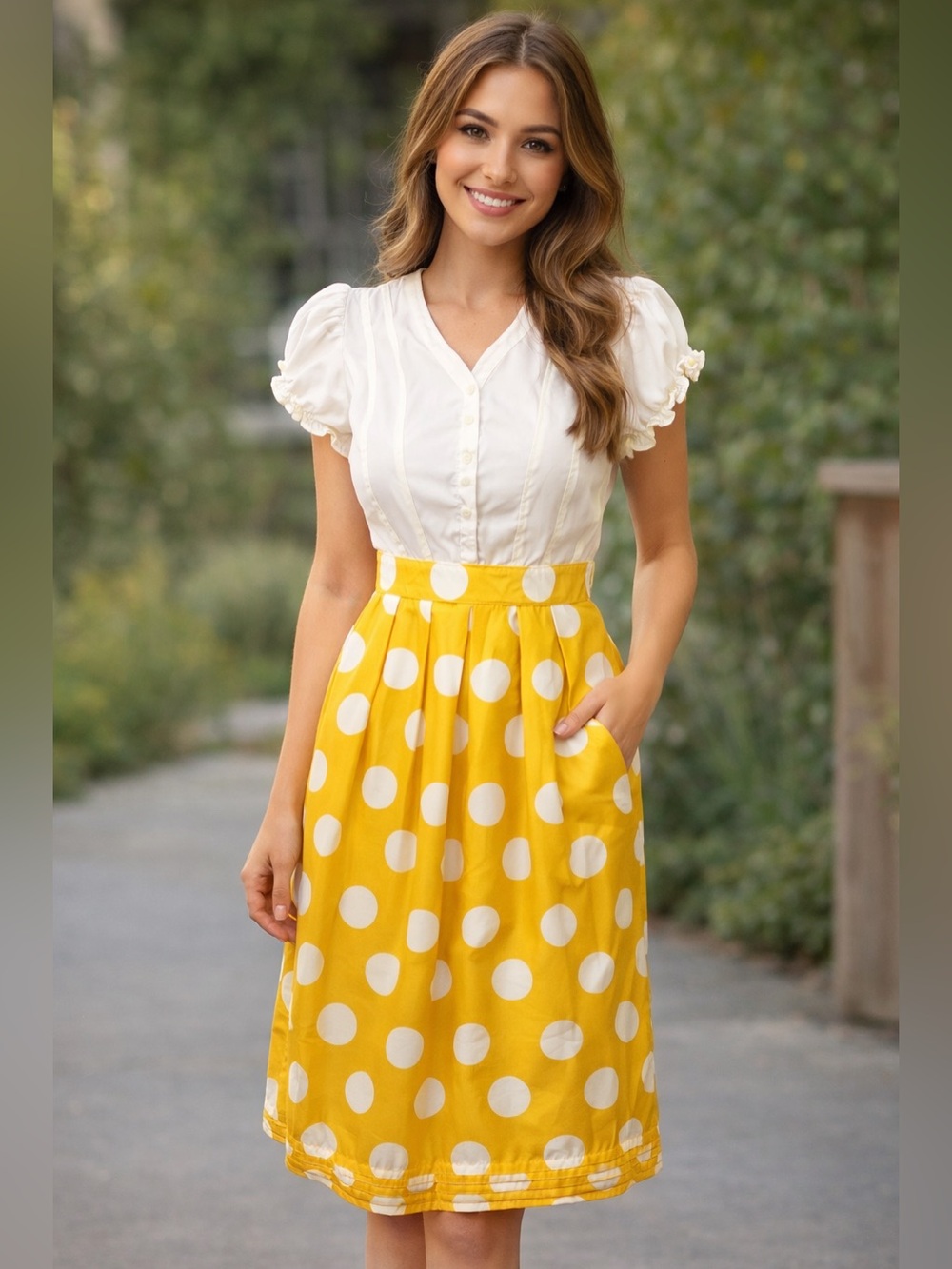 Downeast White Puff Sleeve Yellow Polka Dot Midi Dress Sz S Retro 50s Inspired